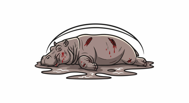 Injured cartoon hippopotamus lying in a puddle, bleeding from wounds