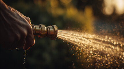 Naklejka premium a close up shot of a male hand spraying water from a hose, brass tip, perfect composition, golden hour.