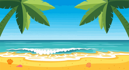 Obraz premium Tropical beach scene with palm trees and ocean waves.