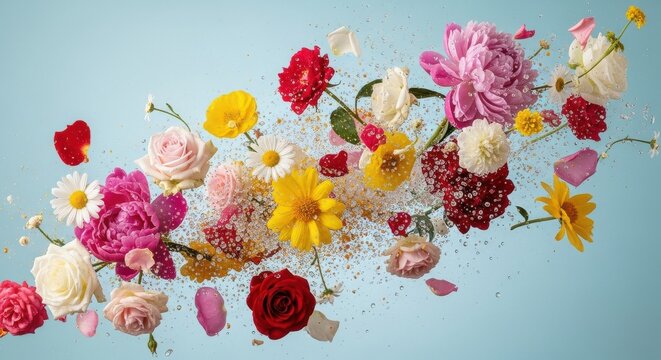 Swirling cascade of roses, daisies, and peonies bursting across a blue sky background, capturing motion, fragrance, and the joyful chaos of spring blossoms

