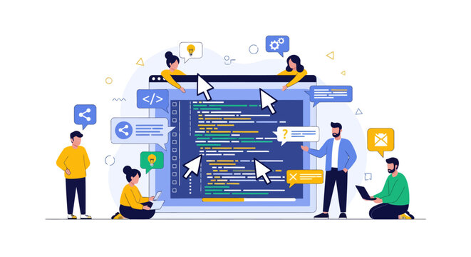 A diverse team of developers collaborating on a large computer screen, writing and debugging code, illustrating software development and teamwork.