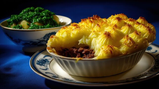 Delicious shepherds pie with mashed potato topping and side of vegetables