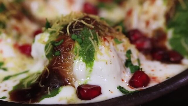 A bowl of dahi bhalla chaat layered with yogurt, chutney and crunchy sev delivers a balanced mix of sweet and tangy taste. Ideal for chaat, snack and dish visuals with authentic street style appeal.