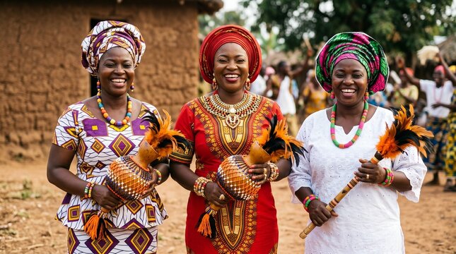 Vibrant portrait of three smiling African women in traditional dress