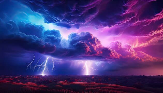 a vibrant display of purple and blue storm clouds illuminated by bright lightning