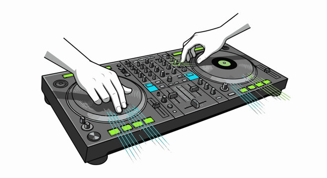 Hands operating a dj turntable with glowing green and blue buttons, creating sound waves