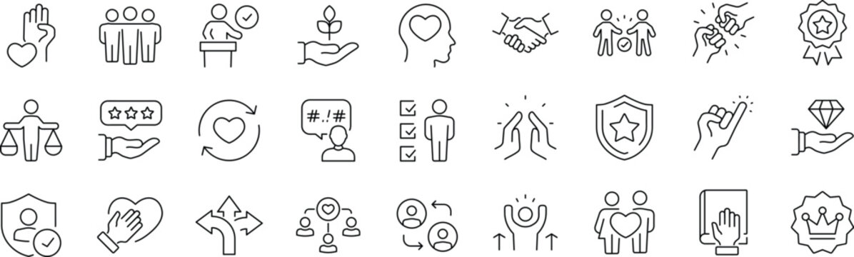 Trust Web Icon Set in Linear Style.  Editable stroke . Collection of trustworthy, line icons, including trustworthy, credibility, confidence, integrity, confidence, promise, loyalty, honesty and more.