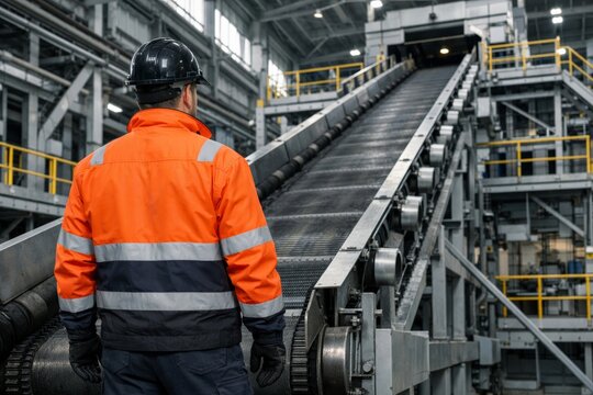 Worker observing industrial conveyer line inside modern factory unit. Ai generative