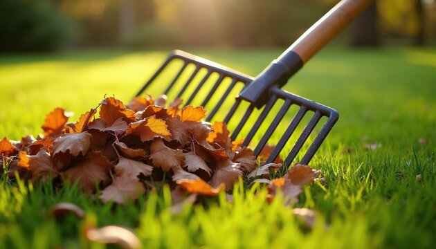 Rake gathers pile of dry brown autumn leaves on green grass lawn. Garden tool helps with yard cleanup before winter. Seasonal outdoor activity.