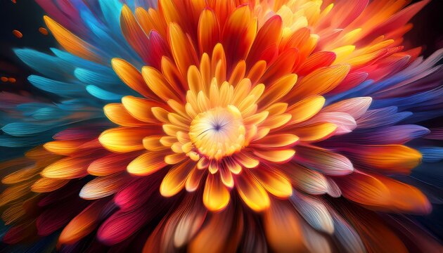 a vibrant explosion of colors radiates from the center in warm hues