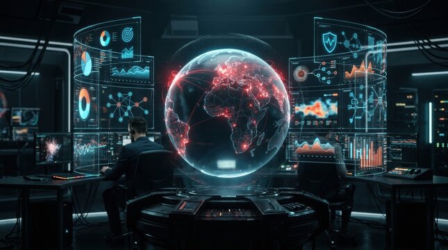 Digital Threat Intelligence Dashboard Showing Global Cybersecurity Landscape With Data Visualizations and Threat Analysis Instruments