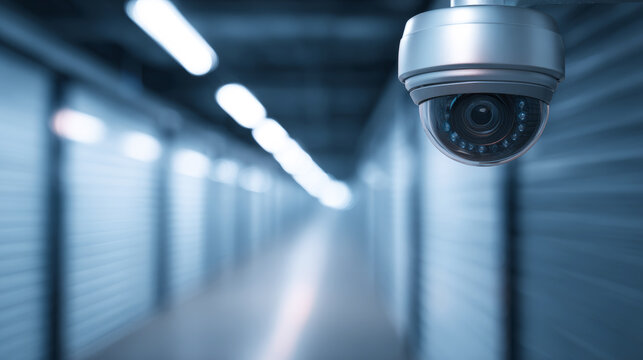 Security camera monitoring a long corridor in a storage facility with multiple closed roll up doors, ensuring protection