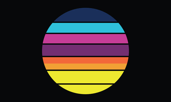 Dark Synthwave Sunset - Retro circle with navy blue top and neon yellow base