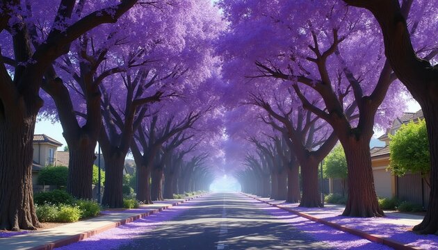 Purple jacaranda trees line residential street creating bloom tunnel over asphalt road. Fallen petals carpet sidewalk and curb. Sunlit path leads towards hazy distance.