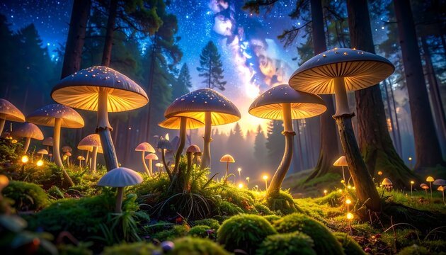 A surreal forest scene with glowing mushrooms on mossy ground