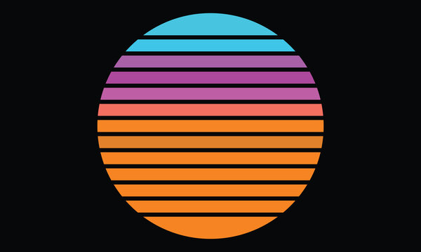Retro Sun Graphic - Synthwave gradient sunset with blue and orange horizontal stripes in minimalist vector style