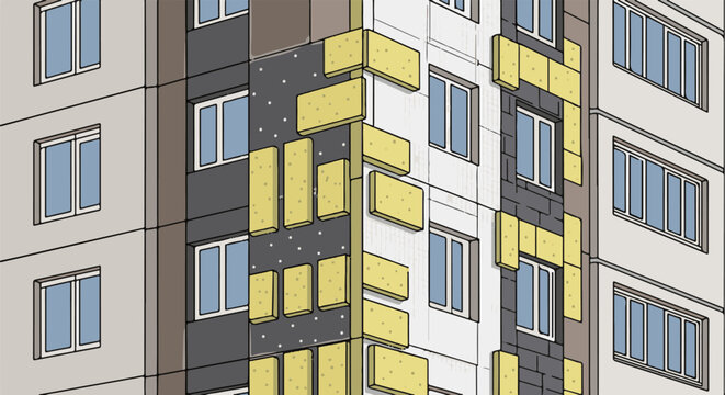 Isometric view of building facade undergoing external wall insulation