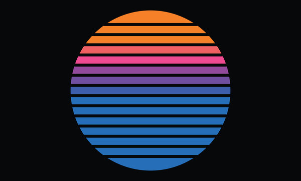 Vintage Sunset Art - Cyan and orange retro sun with striped pattern and 1980s synthwave aesthetic