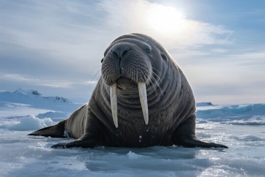 A walrus resting on Arctic ice with prominent tusks under a bright sky