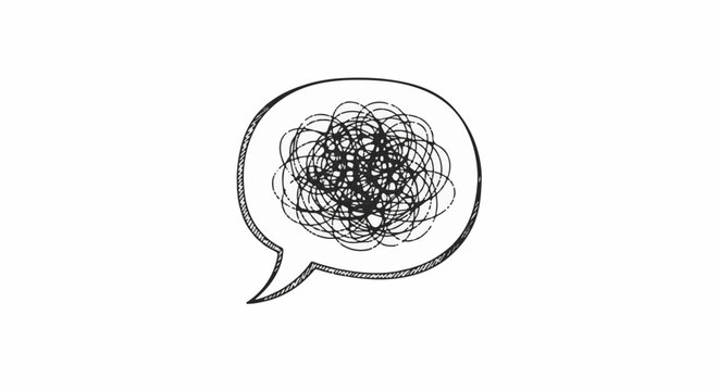 Hand-drawn speech bubble containing a chaotic scribble of lines