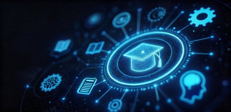 Abstract digital knowledge network shows graduation cap learning icons. Futuristic concept for online education, knowledge growth and digital learning systems. Computer science class concept