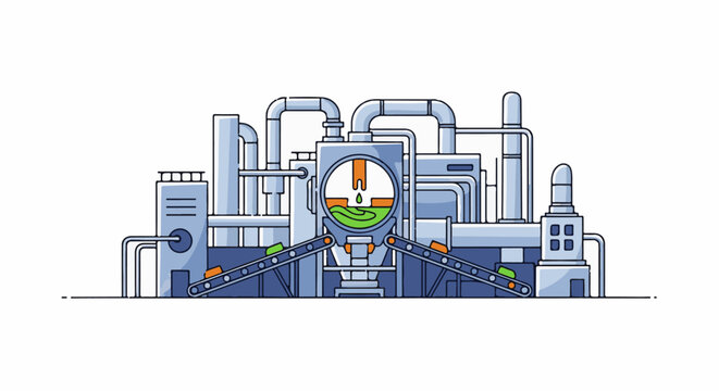 Industrial processing plant with conveyor belts and vats