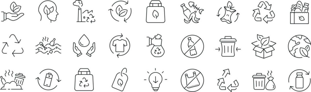 Zero Waste set of web icons in line style. Editable stroke. A collection of eco linear icons, including recycling, waste management, composting, trash, pollution, landfill, composting, waste sorting.