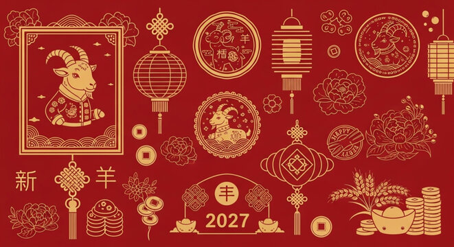 Chinese New Year 2027 Year of the Goat Illustration Set: Traditional Lunar New Year Icons