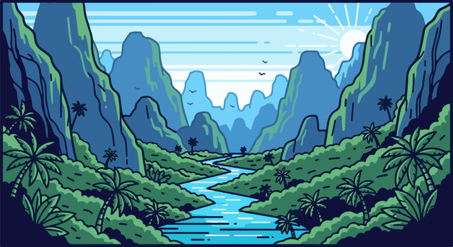 Lush tropical valley with a winding river, palm trees, and towering mountains under a bright sun
