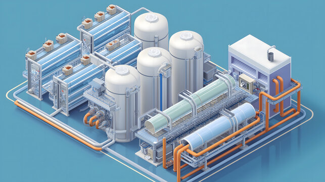 A modern industrial water treatment plant features large storage tanks and specialized filtration systems connected by orange pipes shown from an isometric perspective on a clean blue background