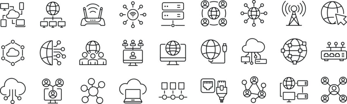 Network Web Icon Set in Line Style. Editable Stroke. Collection of Information Technology Linear Icons, Including connection, communication, technology, internet, IT, router, signal, 