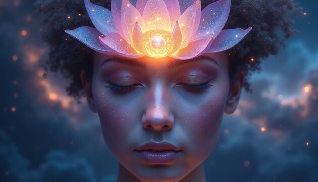 Woman meditating with glowing lotus flower above head. Third eye chakra open, third eye, spiritual awakening, inner peace, cosmic consciousness, galaxy background, enlightenment concept.