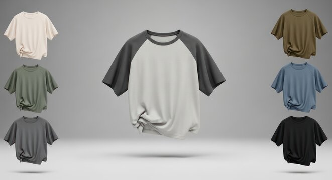 Collection of eight different colored raglan sleeve t-shirts displayed on a plain background.