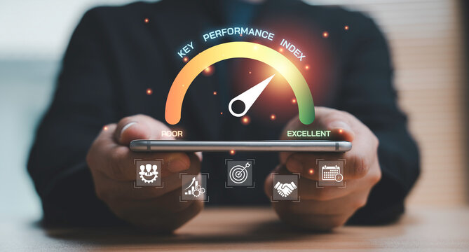 Key performance indicator dashboard with digital gauge showing business performance from poor to excellent, represent analytics, KPI tracking, data driven decision making and performance optimization