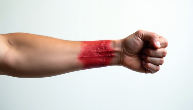 Forearm displays red paint or substance covering abrasion mark. Skin shows slight irritation or texture change from injury. Hand is clenched in fist, showing skin details. Medical or beauty concept.