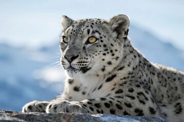 Obraz premium Snow leopard resting on rocky surface with mountainous background