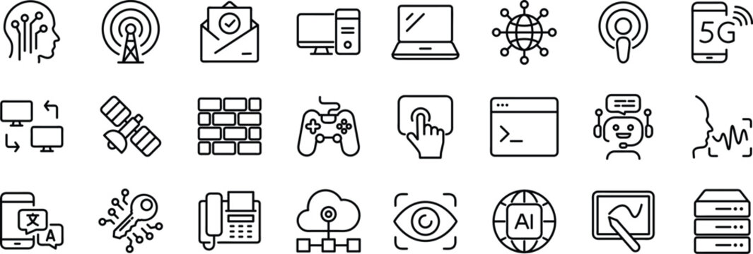 Technology set of web icons in line style.  Editable Stroke. Information technology signs for web and mobile app. IT network system