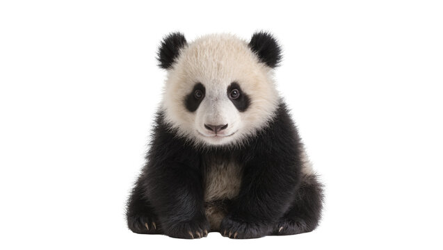 Fluffy baby panda cub sitting with dark markings and soft fur