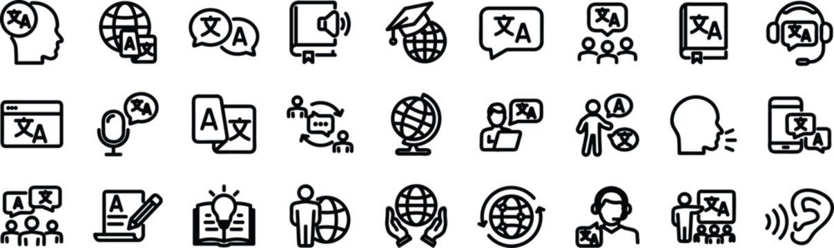 Language set of web icons in line style. Editable stroke. Translation and communication linear icon collection. Containing translate, writing, speech, speaking, dictionary, text, language.