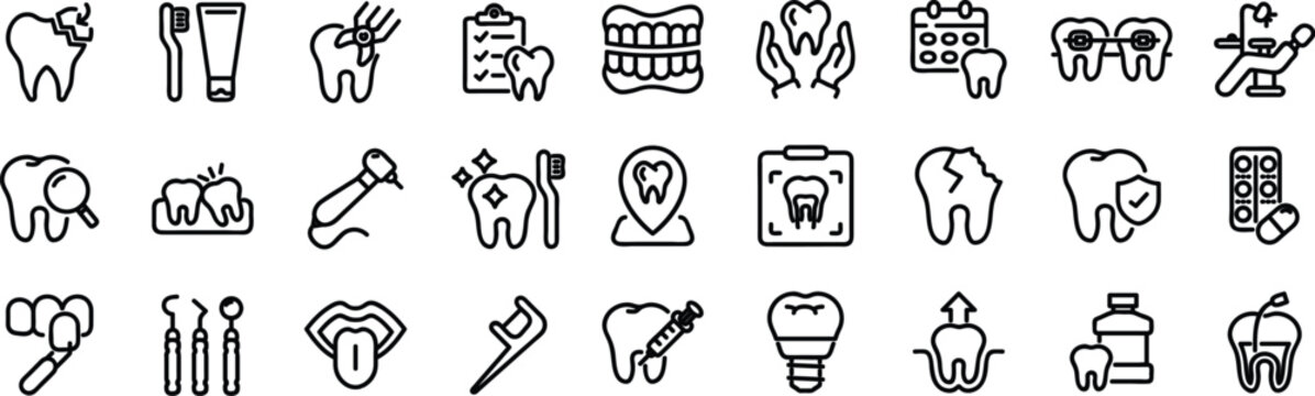Dental Web Icon Set in Linear Style. Editable stroke. Collection of dentistry, line icons, including tooth, implant, dentist, stomatology, smile, caries, braces, toothbrush, toothpaste and more.