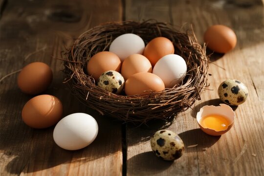 Assorted eggs in a nest on a wooden surface, including brown, white, and speckled eggs with one cracked open
