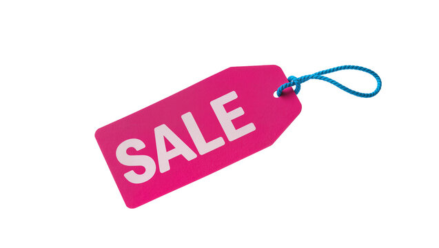 Pink price tag with blue string displaying SALE text