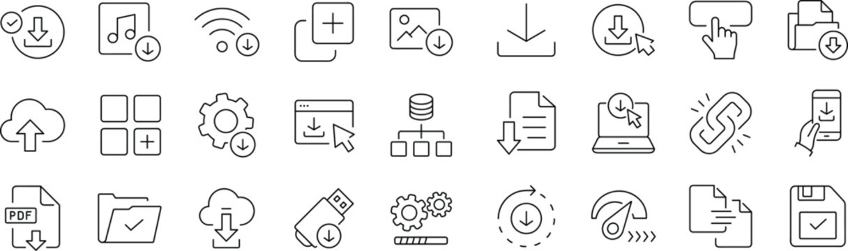 Download set of web icons in line style. Editable stroke. Upload and Download linear icon collection. Containing arrow, link, folder, download file, cloud storage, web button.