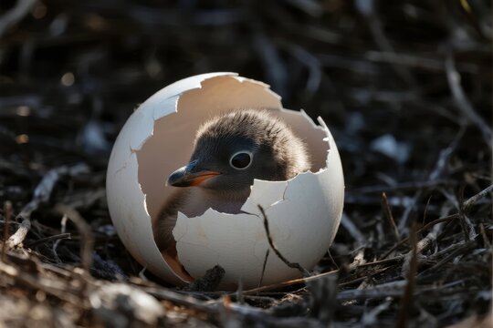 A newly hatched bird emerging from its eggshell in a natural nest setting