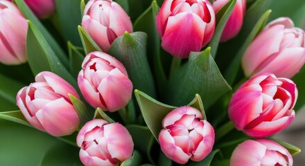 Fototapeta premium Close-up of fresh pink tulips in full bloom with green leaves, soft natural lighting flowers petals