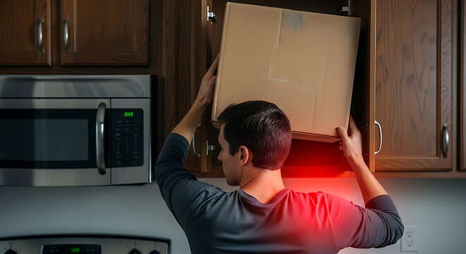 Man with back pain lifting heavy box into kitchen cabinet, highlighting improper technique and injury risk at home