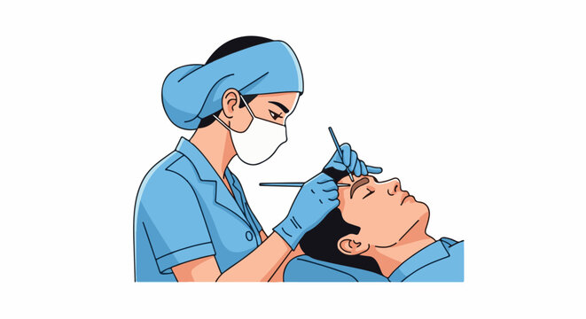 Medical professional carefully shaping a patient's eyebrow with tools
