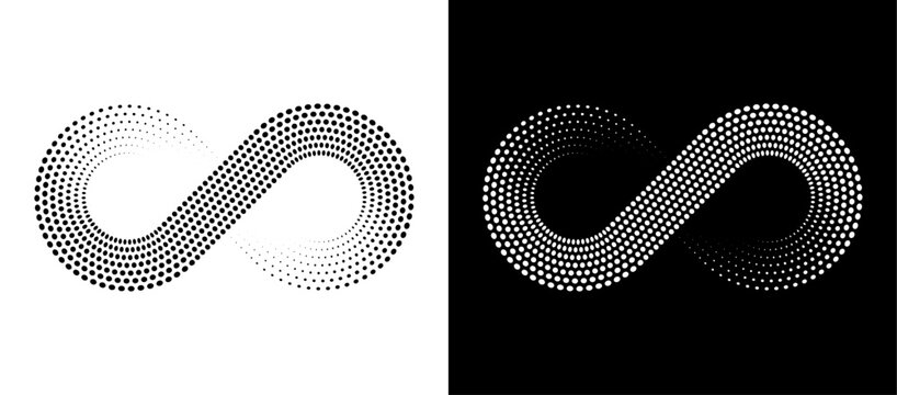 Spiral as halftone dotted abstract infinity symbol. Black and white shape on both white and black background.