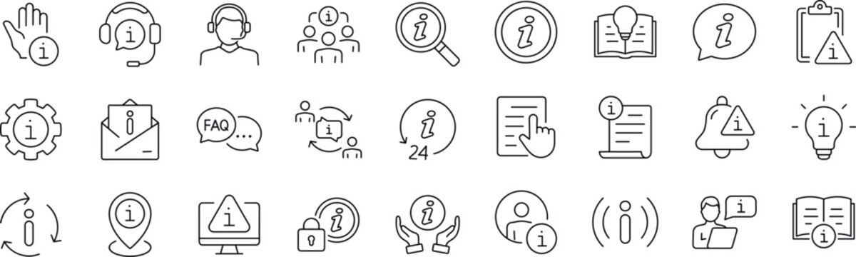 Information set of web icons in line style. editable stroke. Info and Help Desk icons for web and mobile app. Containing user manual, instruction, guidebook