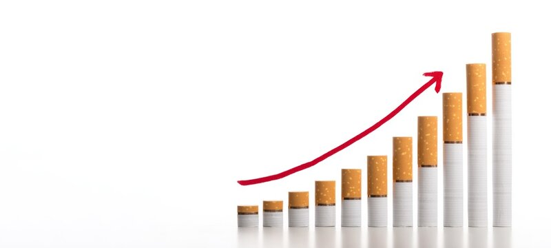 Tabaksteuer -  Aufsteigendes Diagramm Grafik mit Zigaretten, isoliert auf weissem Hintergrund